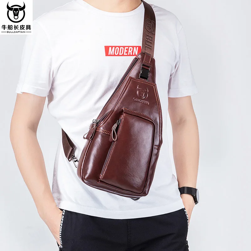 

Real leather chest bag men one shoulder cross body leisure large capacity multi-function sports small back chest bag