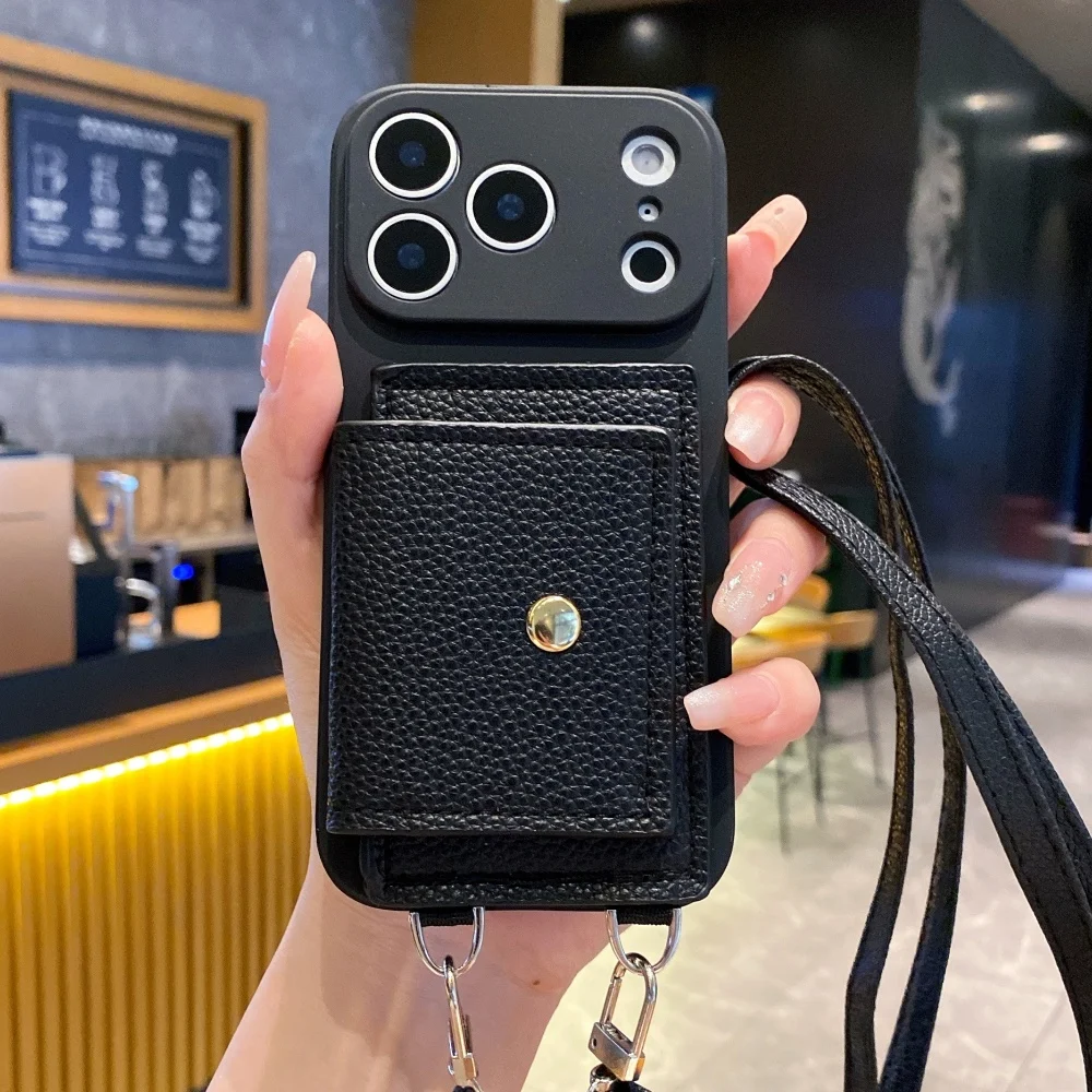 

Flip Wallet Slot Card Holder Soft Silicone Case For iPhone 17 16 15 Pro Max 14 13 12 Crossbody Necklace Lanyard Cover