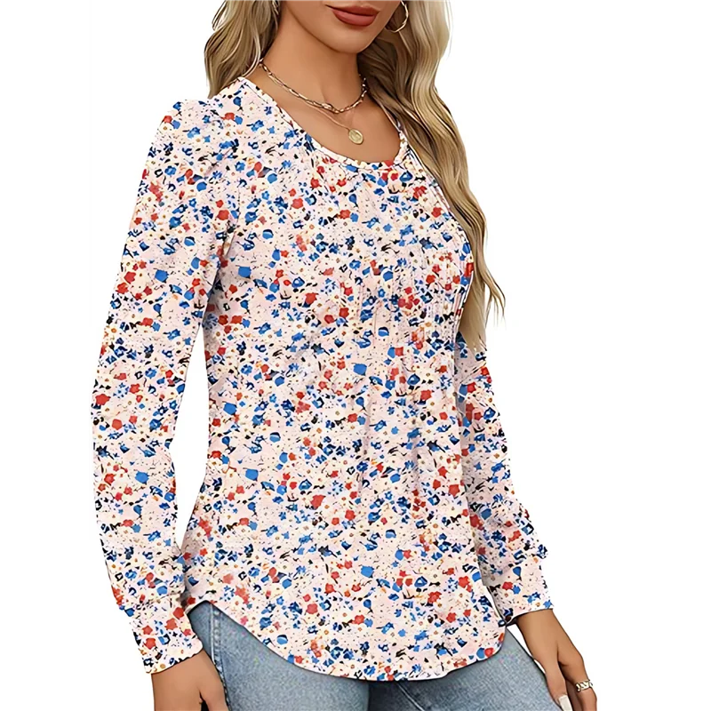 

ASDS-Women's Puff Long Sleeve Pleated Crew Neck Blouses Dressy Casual Loose Fit Winter And Spring Shirts