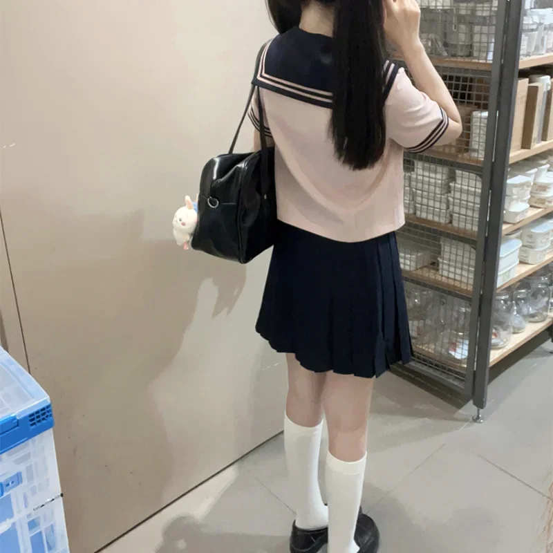 Uniforme japonais JK pour filles, été original rose bleu, col marin, manches courtes, poche, jupe plissée mince, mode trempée, 2024