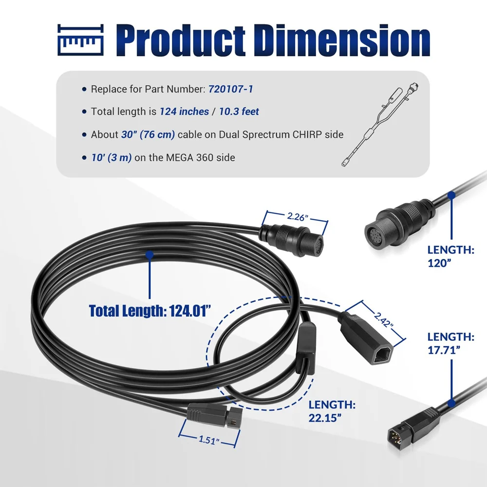720107-1 Transducer Adapter Cable 10ft. Replace for 9-M360-2-DDI-Y Mega360 2D/MDI 7-Pin Y-Cable Fit for Helix 15/12/10/9/8 Fish