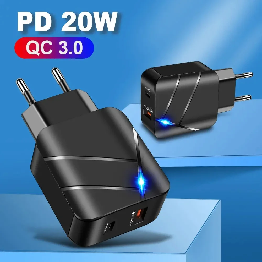 

20W Lighted QC3.0+2.1A USB Universal QC3.0 Fast Charging Dual USB Port EU/US Plug Phone Charger Adapter for Samsung Xiaomi