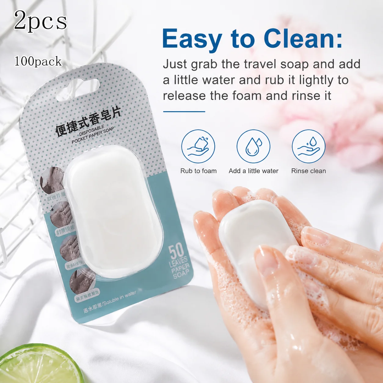 100 Pieces Mini Travel Soap Sheets Outdoor Camping Hiking One-Time Hand Wash Bath Scented Paper Soap with Plastic Box Foaming