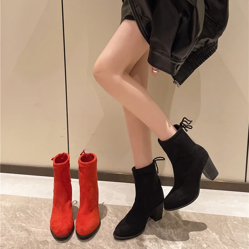 Women's Boots Red Winter Shoes High Heels Ankle New Rock Stylish Elegant Sexy Designer Round Toe Strip Pole Dance Chunky on Sale