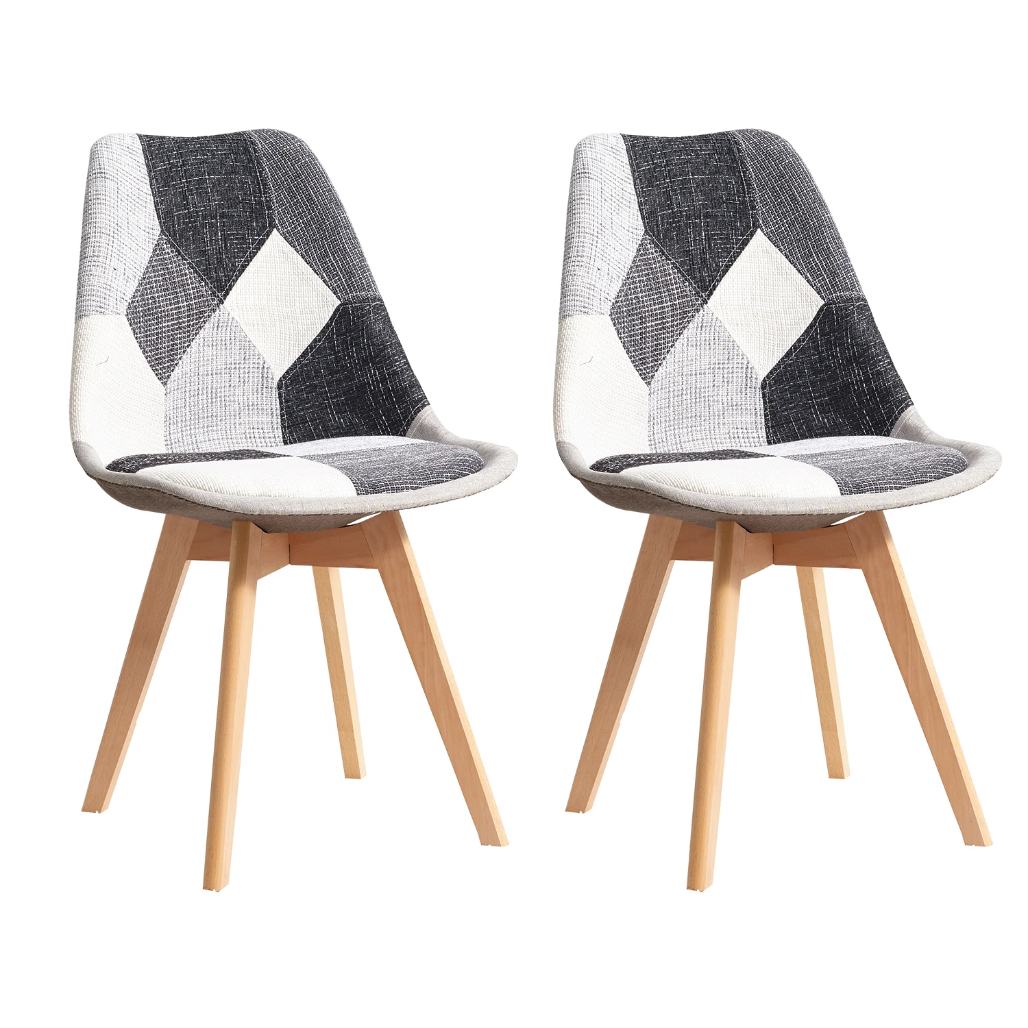 EGOONM 2x Nordic style dining chairs Patchwork Chairs with Wooden Legs and padded seat for Kitchen Living Room black White Gray