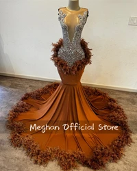 Brown Long Prom Dresses For Black Girls Bead Crystal 2024 Birthday Luxury Dress Feather Graduation Gown Customized