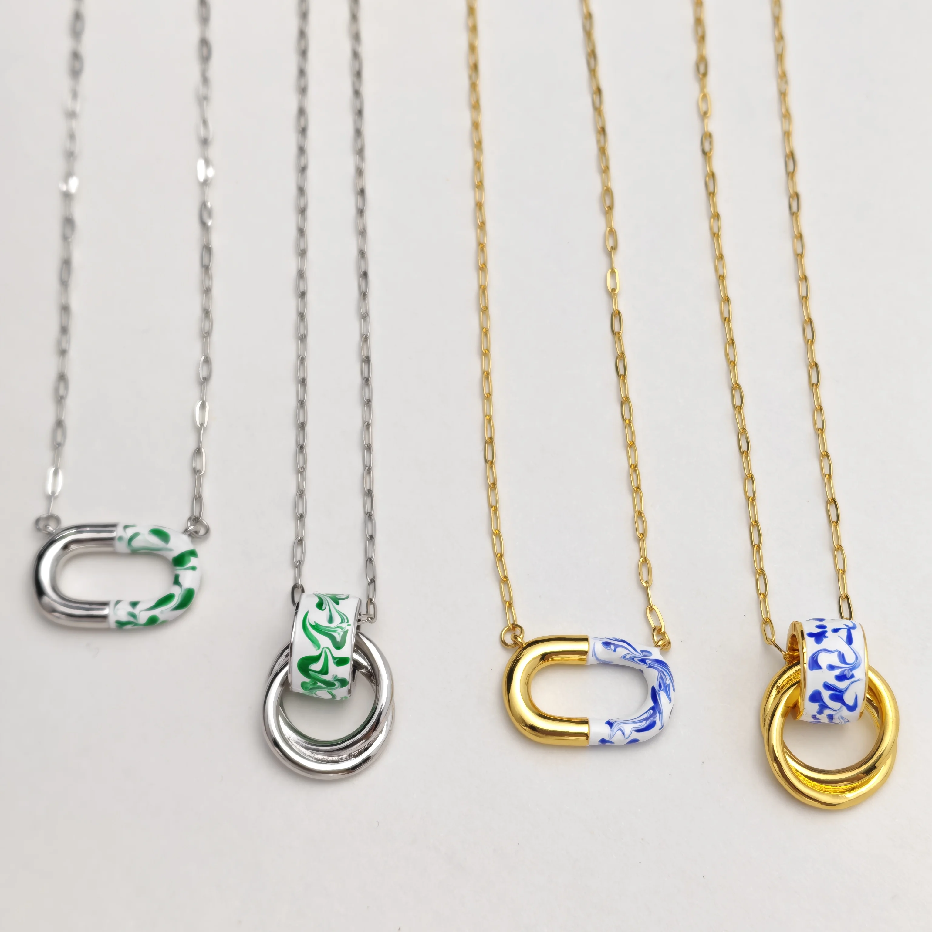 

DOREMI Vintage Trendy Enamel Glaze Barrel Bead Pendant Necklace Blue White Marble Swirl Interlocking Rings Oval Link Chain