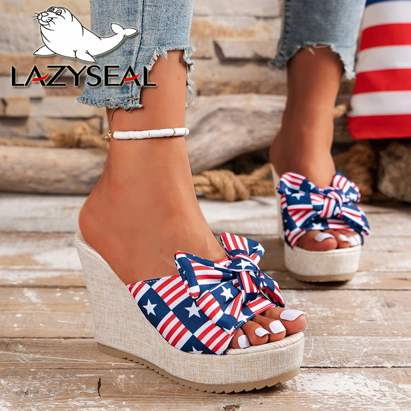 LazySea Super High Heels Women Slippers American Flag Height Increasing Slides Women Summer Shoes New Platform Sandals Size 43