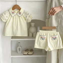 2024 Summer Baby Girl Clothes Set 0-3Years Newborn Kids Short Sleeve Turn Down Collar Embroidery Shirt Tops+Short Pant 2PCS Suit