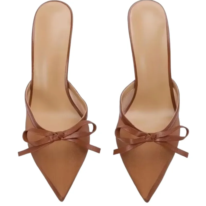 

Sexy Mesh Butterfly Knot High Heel Mules Shoes Suede Cloth Pointed Toe Slip On Women Cover Heels Slippers