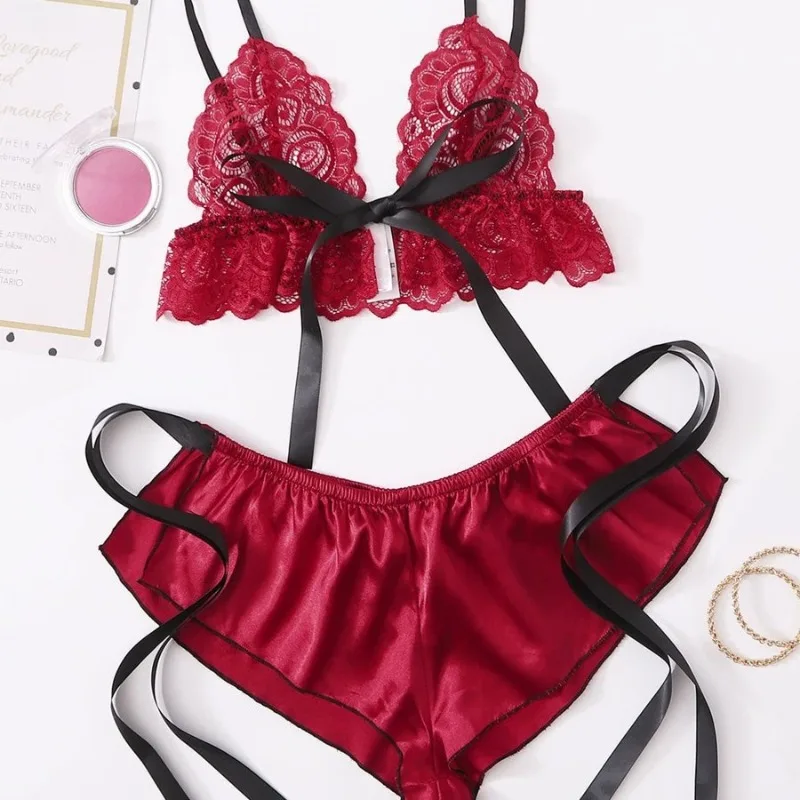 New Women Loungewear Satin Sexy Lingerie Ladies Temptation Tie-Up Lingerie Soft Loungewear Woman Loose Pajamas Sleep Pants Lady