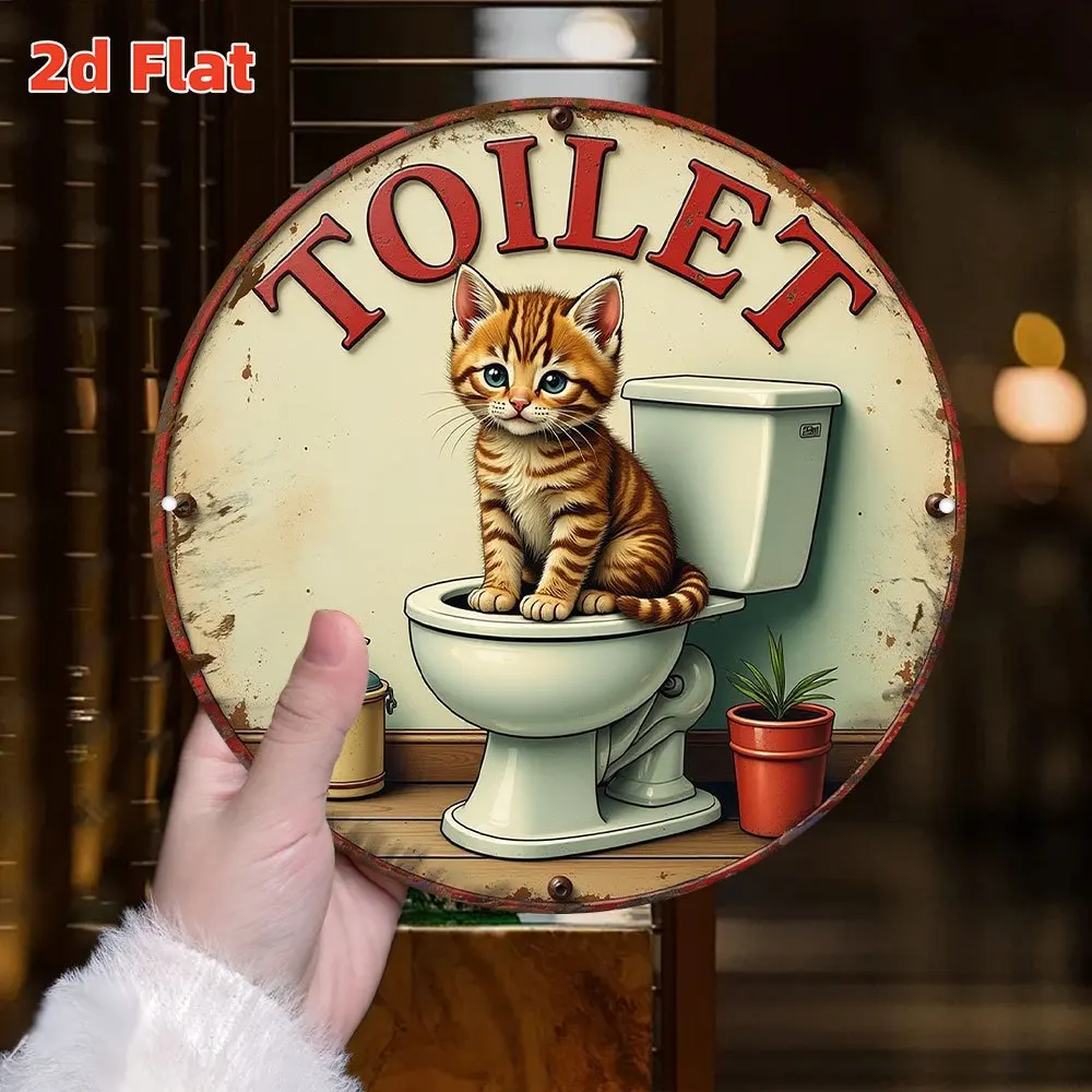 2D Flat "Cat Toilet Sign" |Cute Pet Etiquette Poster with Paw Print & Sandbox Illustration,Fun Wall Art Round Decorative Plaque