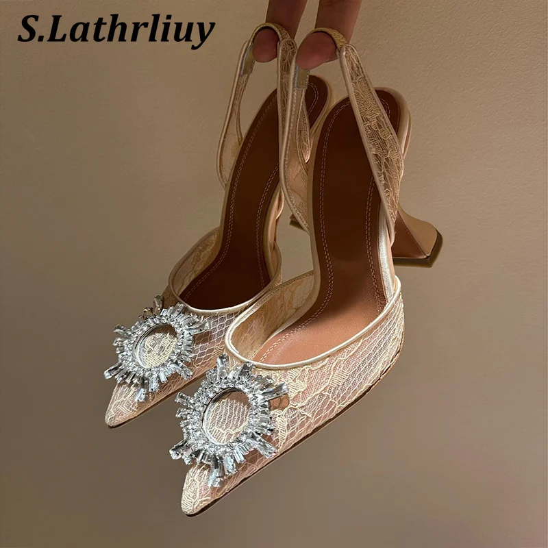 Sandals Rhinestone Flower Pointed Toe High Heels Women Lace Thin Heels Back Strap Sandalias Summer Fashion Party Dress Pumps view 2