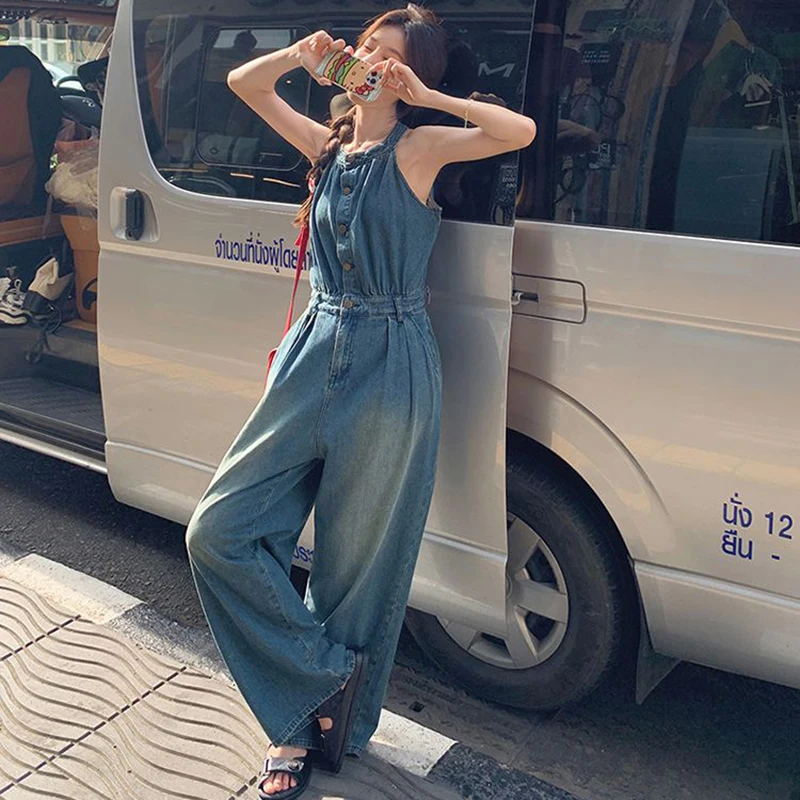 여성을위한 데님 점프 슈트 봄 새로운 패션 라운드 넥 민소매 버튼 모여 허리 블루 컬러 포켓 여성