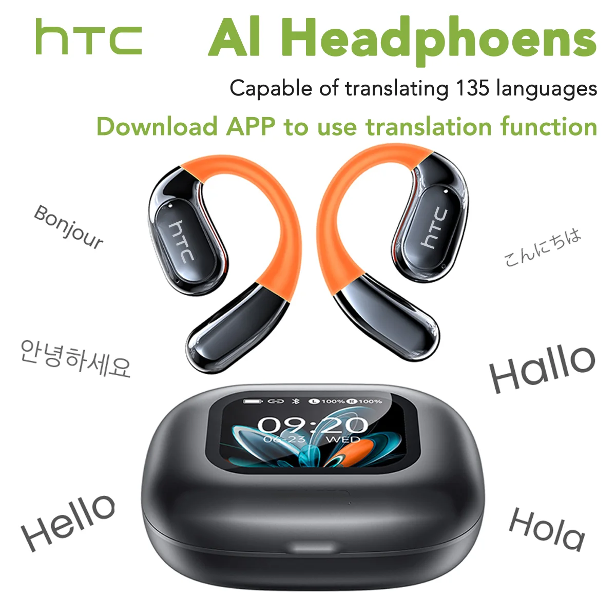 Kabellose Bluetooth-Kopfhörer HTC NE27 Open-Ear Sport AI-Übersetzungs-Ohrhörer ENC Anruf-Geräuschunterdrückung Ohrstöpsel mit Mikrofon Schnellladegerät