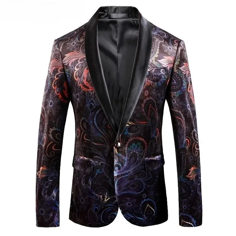 

Men Asia Size Printed Slim Fit Suit Jacket Formal Prom Party Stage Costume Man Tuxedo Plus Size Bronzing Gentleman Blazers
