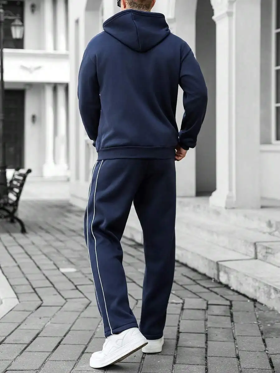 

Blue Thermal-Lined Men’s Casual Two-Piece Track Suit With Side Stripes, Streetwear Style For Daily Wear And Outdoor Use