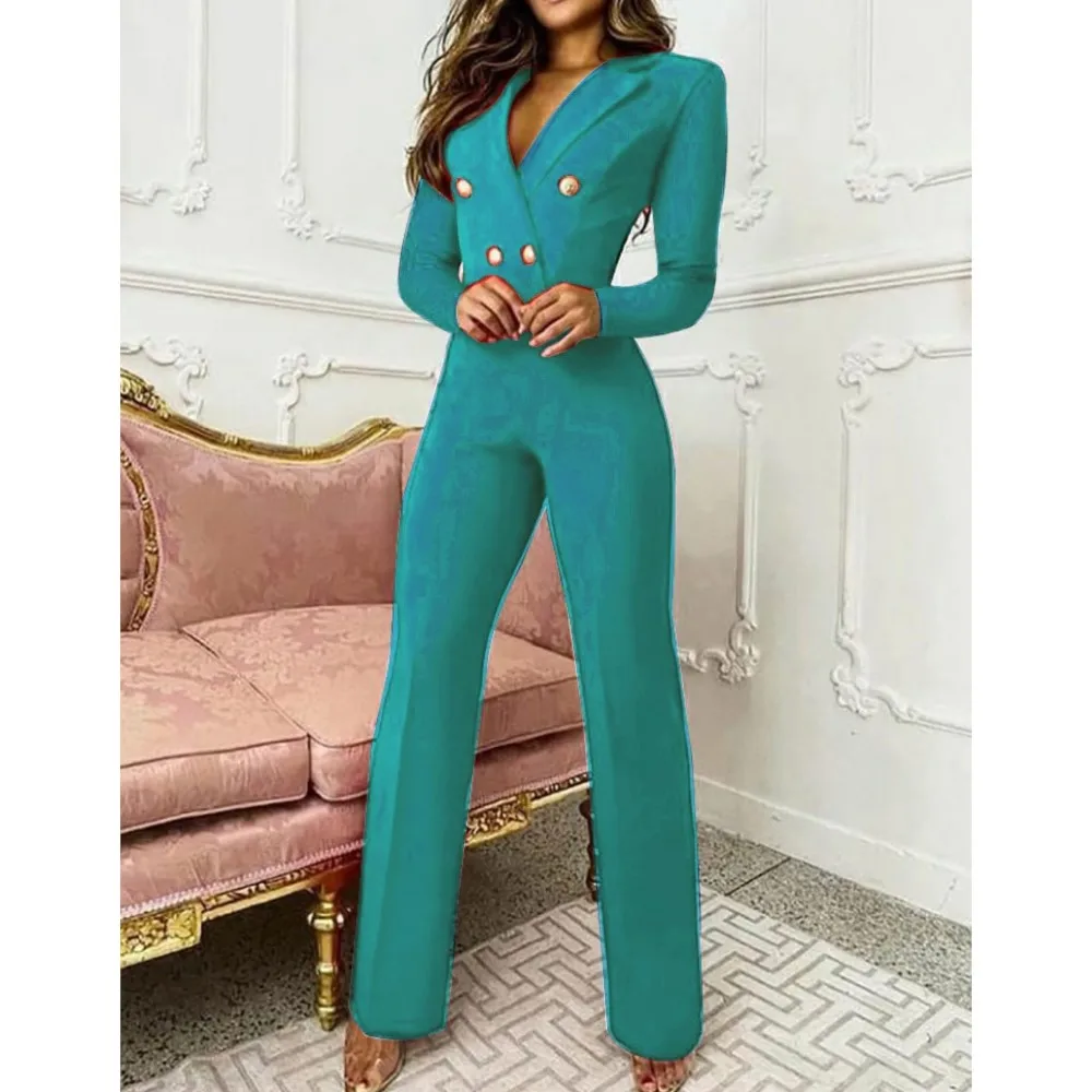 New Solid Color Suit Collar Long Sleeve Women\'s Jumpsuit Autumn Winter Fashion Buttons Simple Slim Office Female Jumpsuit Pants