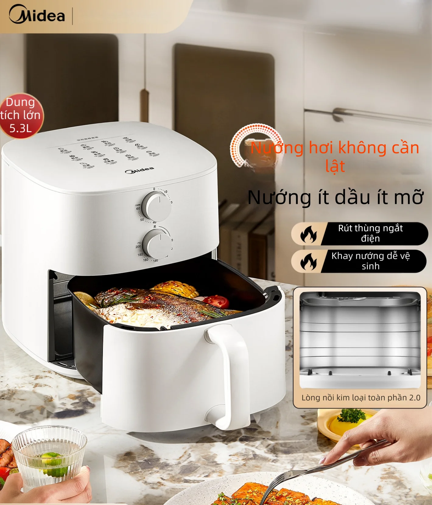 Midea | Nồi Chiên Không Dầu Thông Minh Không Cần Lật