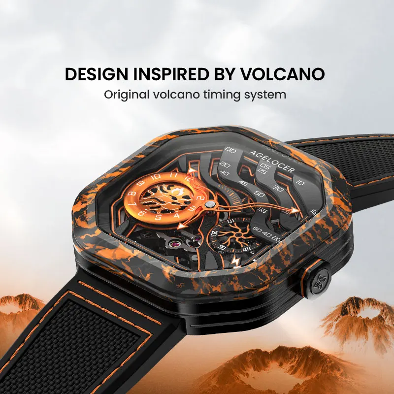 AGELOCER Carbon Fibre Case Original Volcano Watch Men's Square Luxury Skeleton Automatic Mechanical Watch Birthday Gift for Men