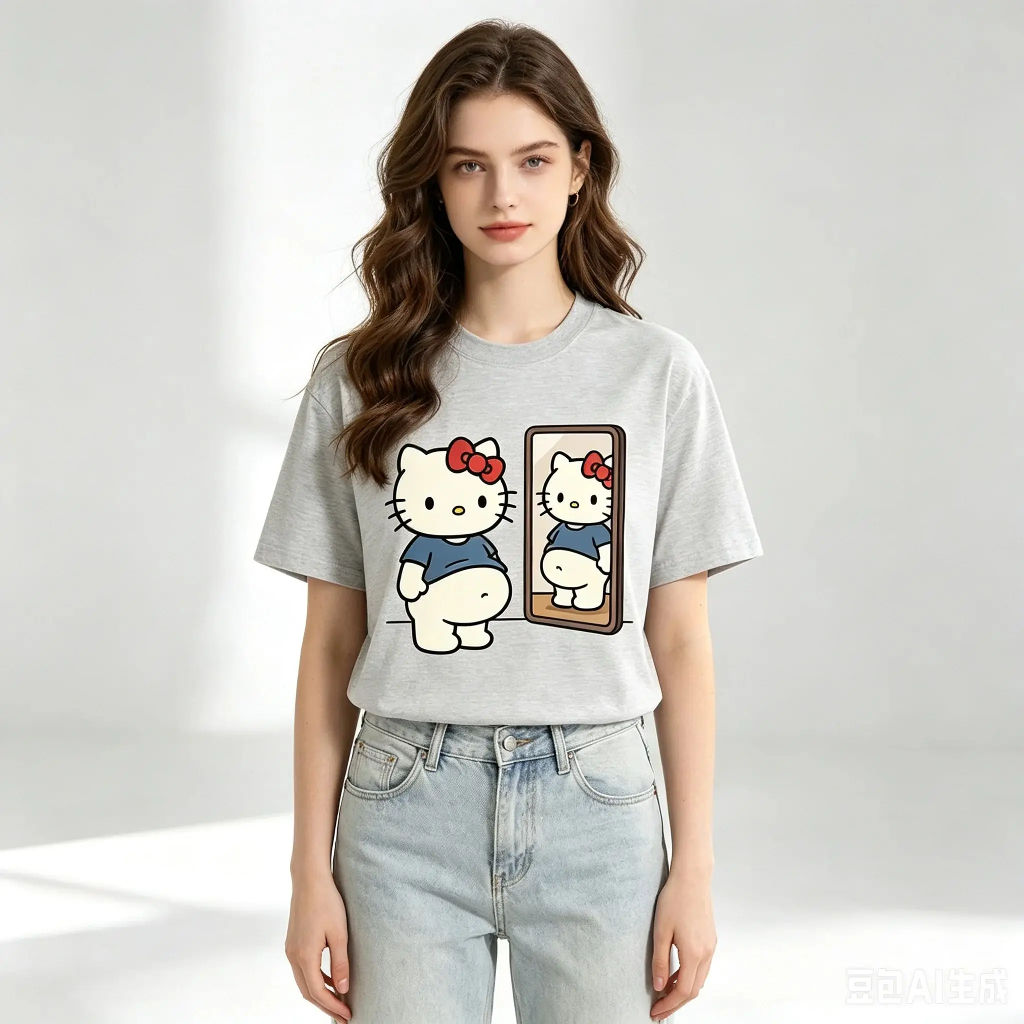 Summer Kawaii Hello Kitty Mirror Print Oversized T-shirt Women Y2K Streetwear Harajuku Casual Short Sleeve Tee Tops