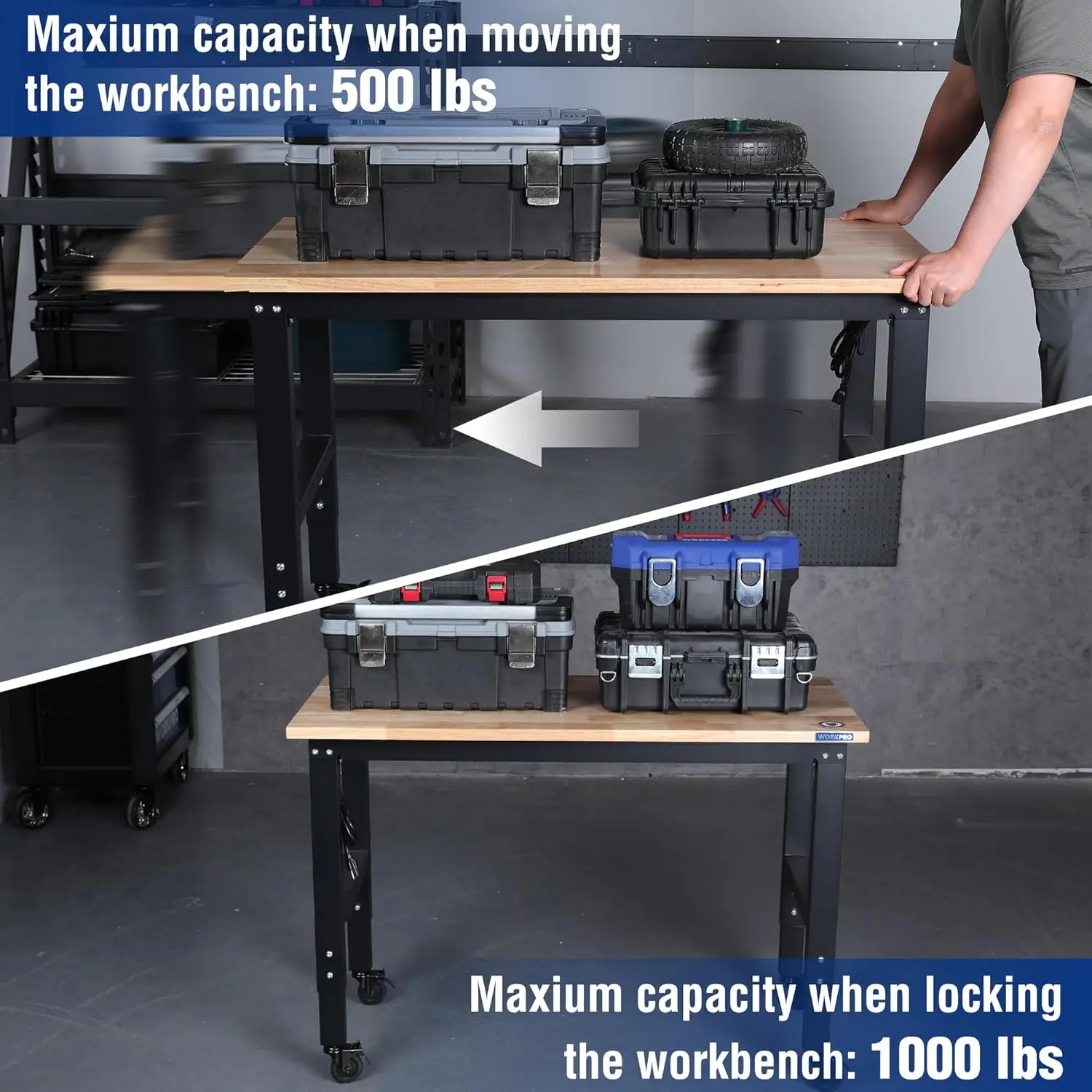 WORKPRO โรงรถ 48 "X 22" Workbench ปรับได้พร้อมล้อยางไม้ Heavy-Duty Workstation พร้อม Power Outlets 1000 ปอนด์