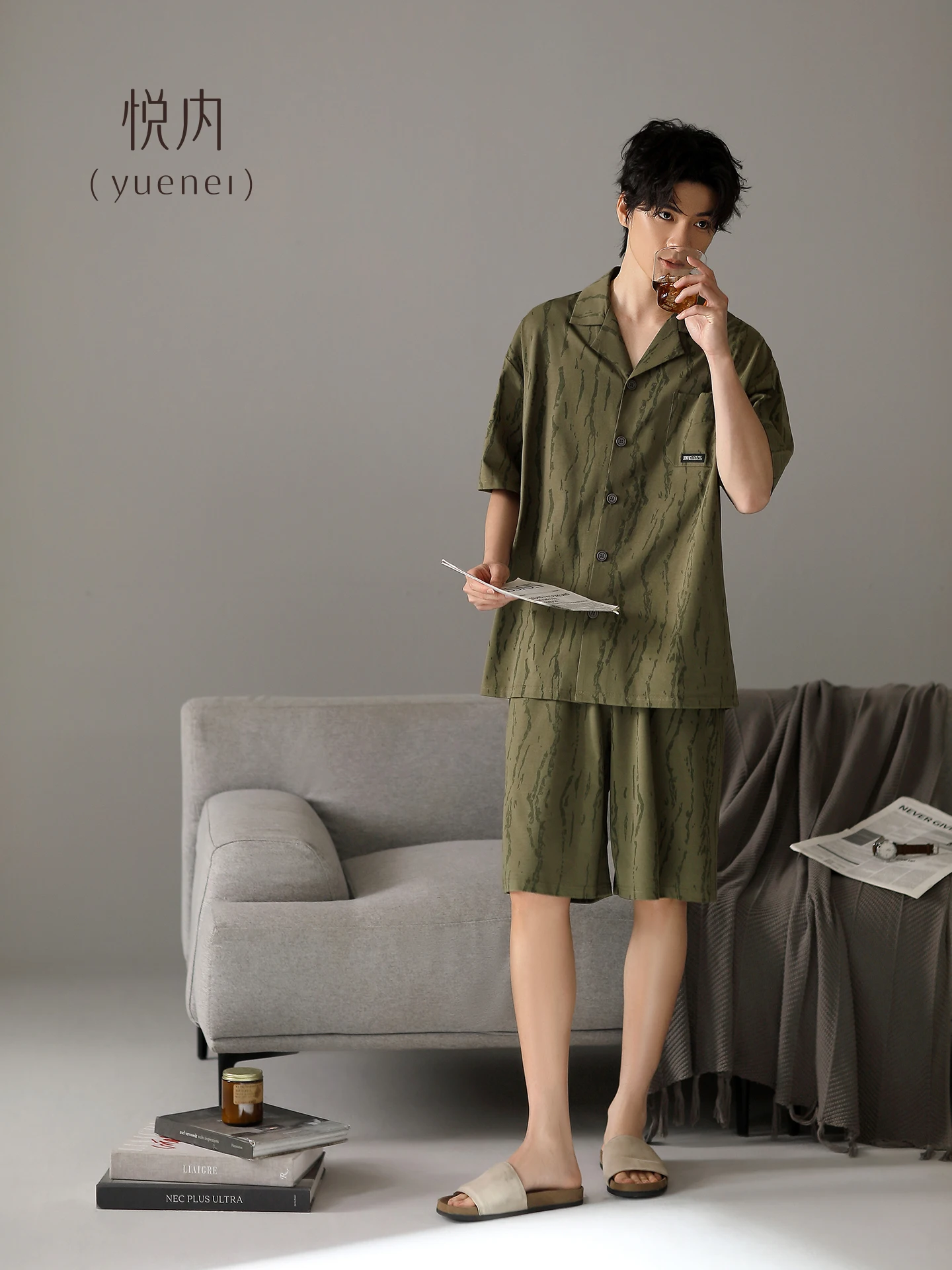 men's-summer-cotton-pajamas-short-sleeve-shorts-casual-home-clothes-large-size-open-cardigan-can-be-worn-outside-comfortable