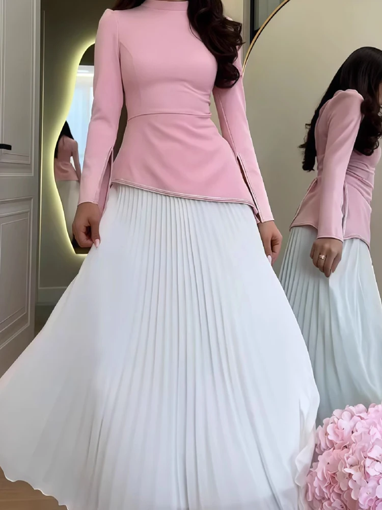 

Casual Color Blocked Long Sleeve Commute Sets Temperament High Waist Fold Skirts Sets Elegant Women O-neck Tops&Half Skirts Sets
