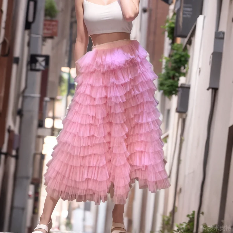 Fashion Mesh Long Skirt 2025 Women Office Gradient Irregular Streetwear Elastic Waist A-Line Summer Cake Skirts