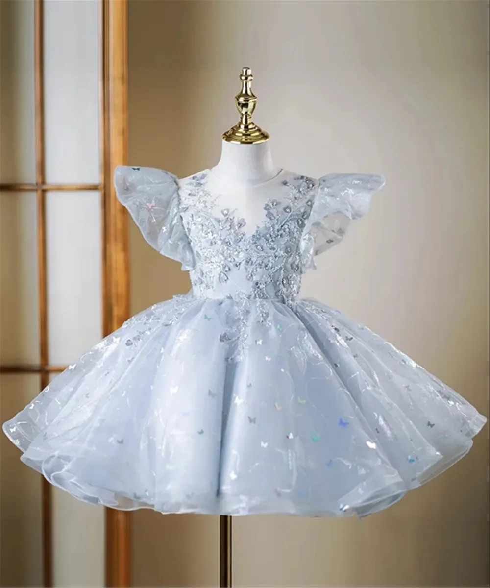 

Flower Girl Wedding Dress Petal Sleeve Appliques Butterflies Sequined Dress Princess Performance Birthday Party Prom Ball Gown