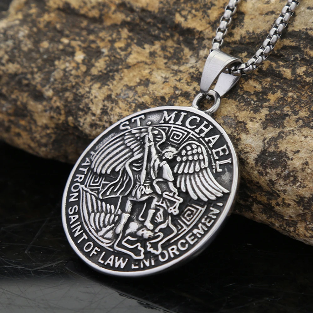 Classic Design Arch Angel St. Michael Archangel Pendant Vintage Stainless Steel Cross Wing Necklace Amulet for Men Women Jewelry