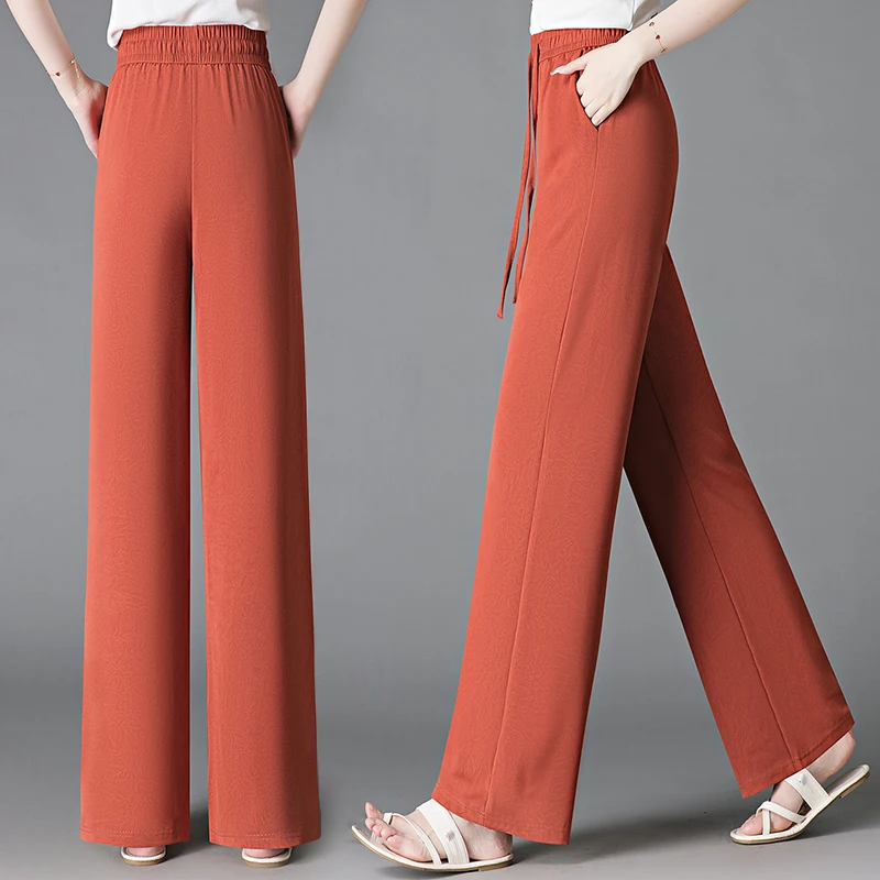 Summer New Versatile Ice Silk Narrow Edition Wide Leg Pants Women'S High Waist Skinny Comfortable Casual Straight Leg Trousers