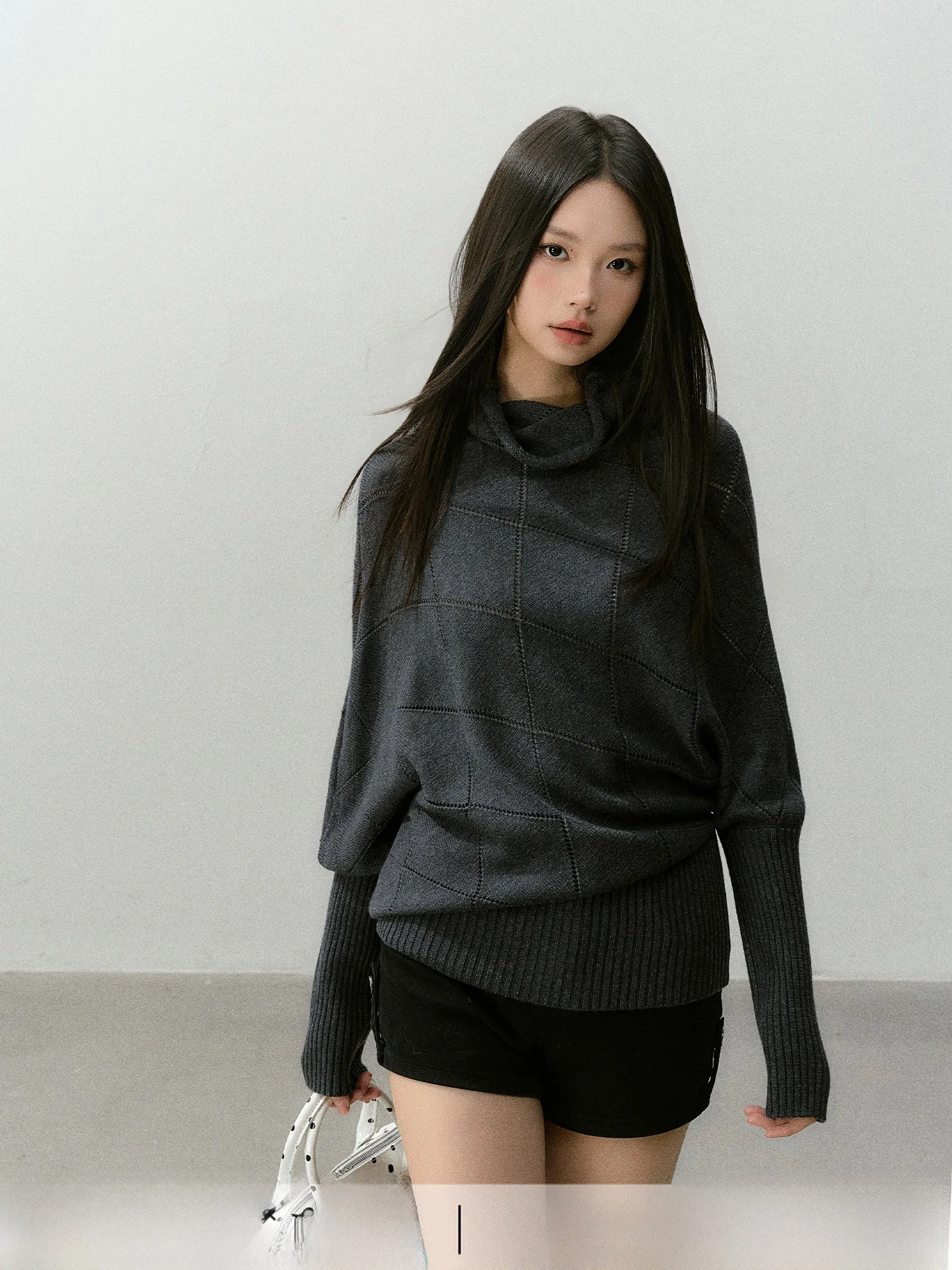 

Вязаный шерстяной свитер CyNi Dill Bubble с ажурным ромбовидным узором, высоким воротником, свободного кроя, женский, с длинными рукавами