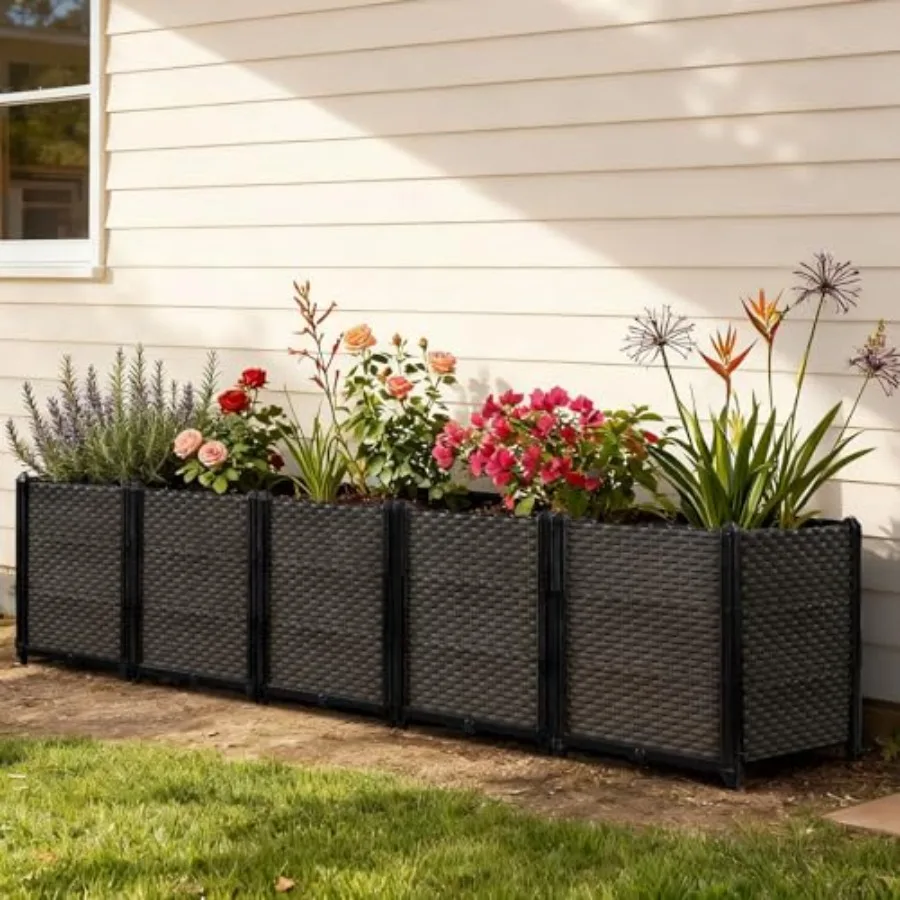 Outdoor self-watering raised planter box for patio, balcony, deck; cedar wood; natural brown; deep 19.7-inch height with draina