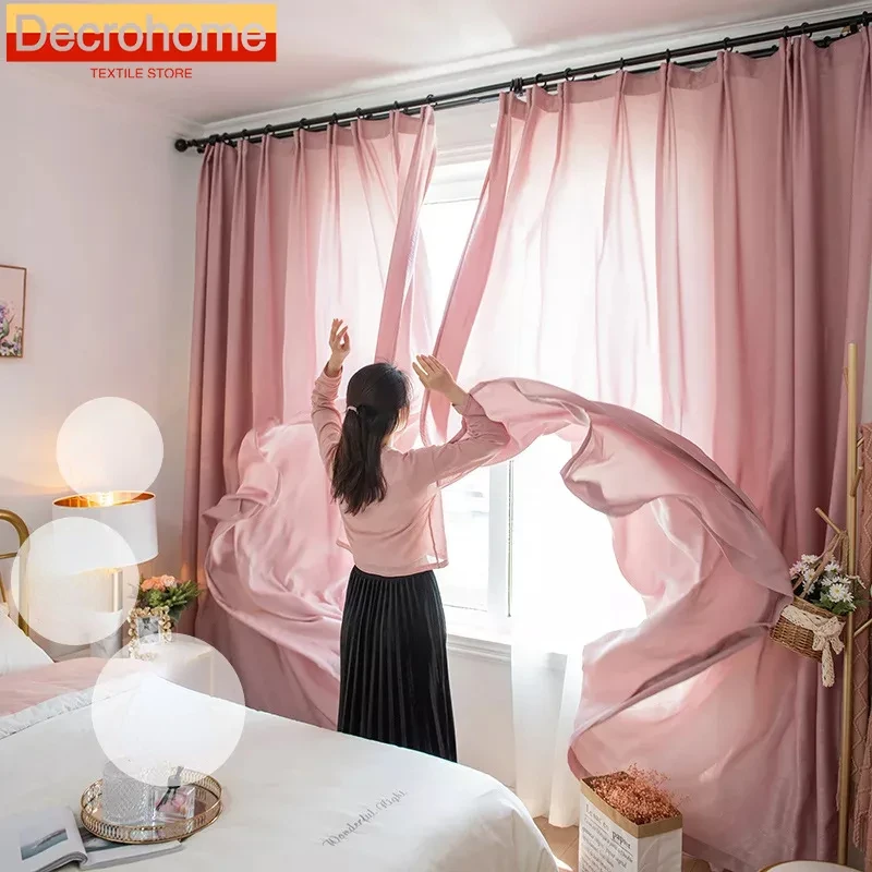 

Pink Chiffon Screen Window Screen Gauze Curtains for Living Room Bedroom French Window Balcony Floating Window Finished Product