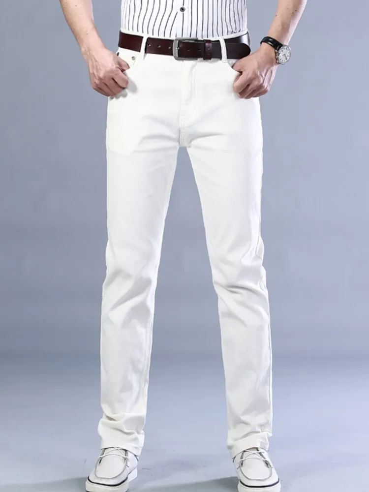 Khaki White Jeans Classic Business Casual Fashion Solid Color Stretch Cotton Straight Denim Pants Lifting Male Plus Size 28-40