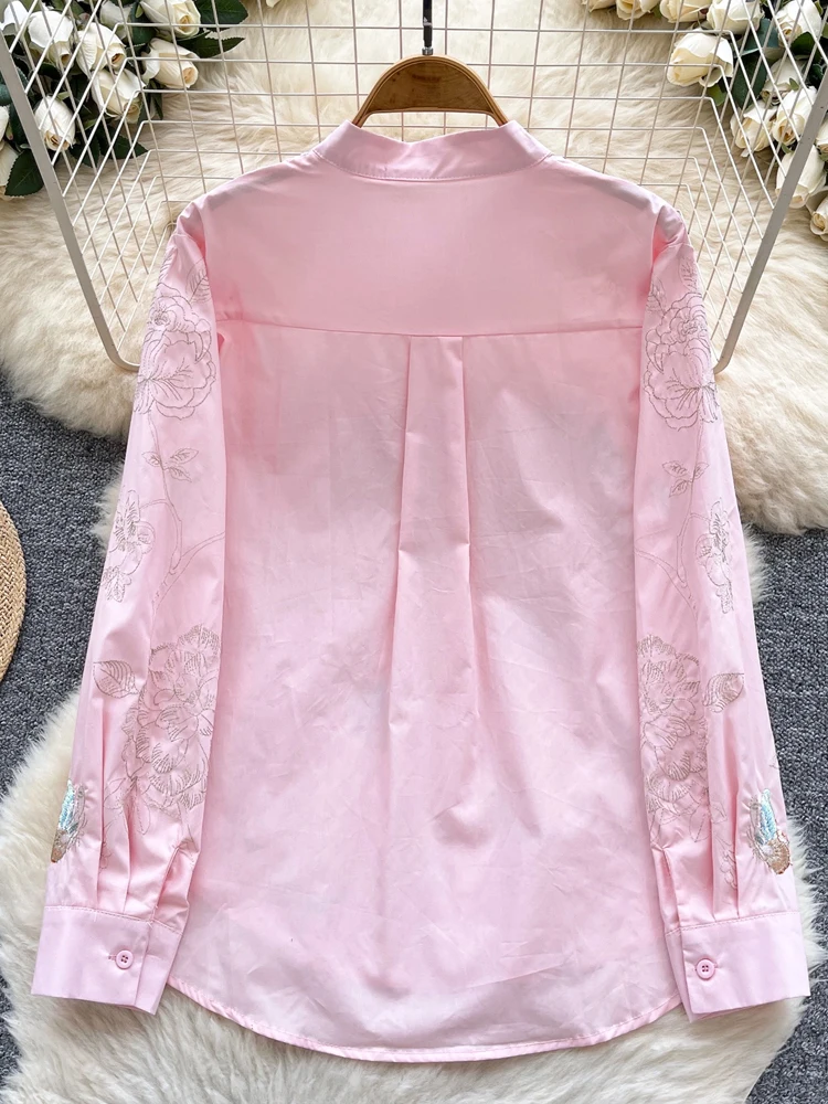 Luxuriöse rosa Schmetterlings-Stickerei-Bluse für Damen, 2022, neue elegante, lockere O-Ausschnitt-Langarm-Shirt-Damenbekleidung, schicke INKEO 5T074