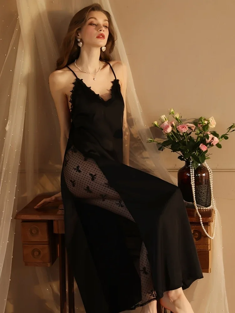 

Sexy Sling Nightgown Dress Women's Spring and Summer Ice Silk Thin Section Elegant Long Skirt Sexy Slimming Sleepwear Homewear
