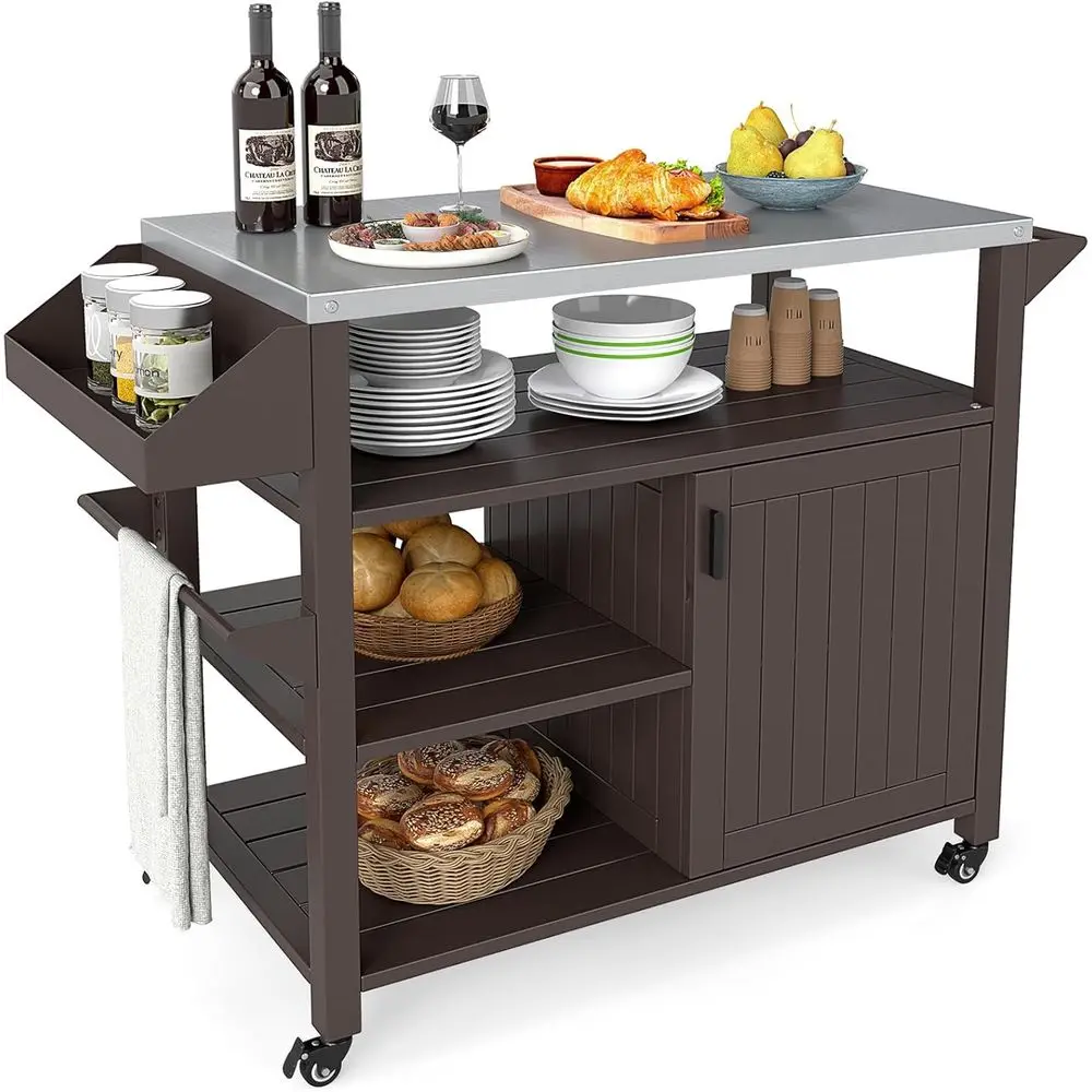 

Portable Outdoor Kitchen Cart with Stainless Steel Top, Storage, Spice Rack, and Pizza Oven Stand