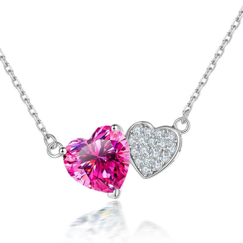 Luomansi Luxury 2CT Pink Heart Mosonite Necklace with Certificate Solid S925 Silver Girl Jewelry Anniversary Gift