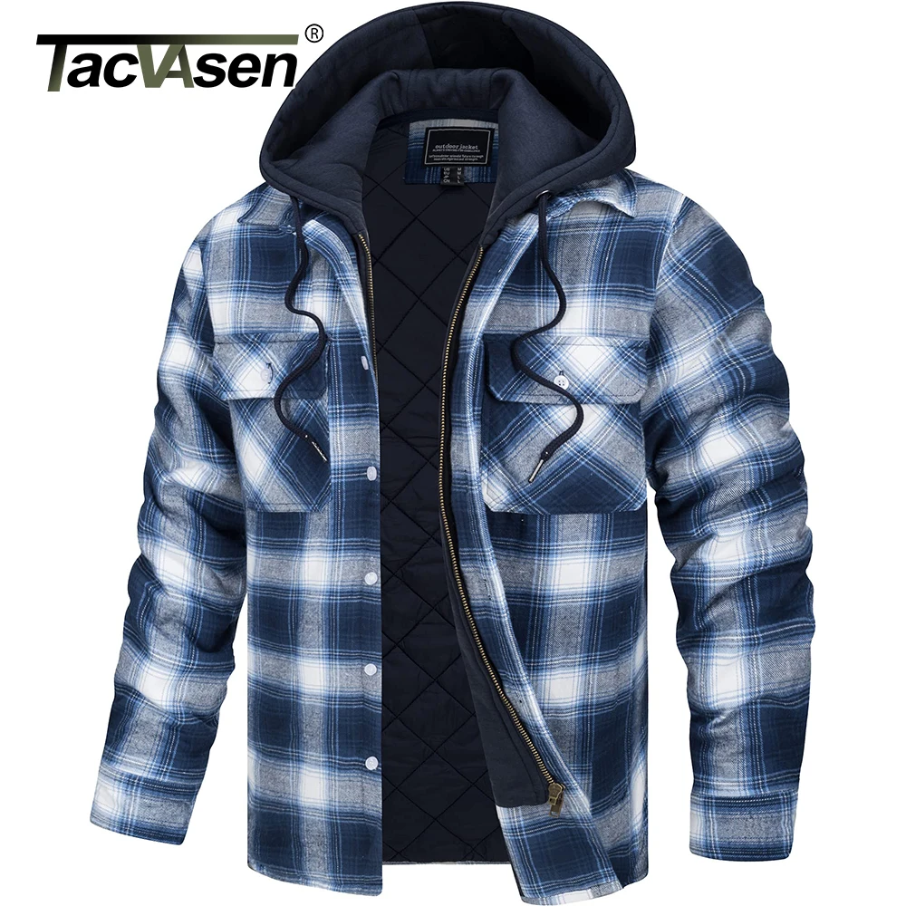 TACVASEN Flannel Plaid Shirt Jacket Mens Quilted Lined Winter Coats with Removable Hood Fall Winter Fashion Thick Hoodie Outwear