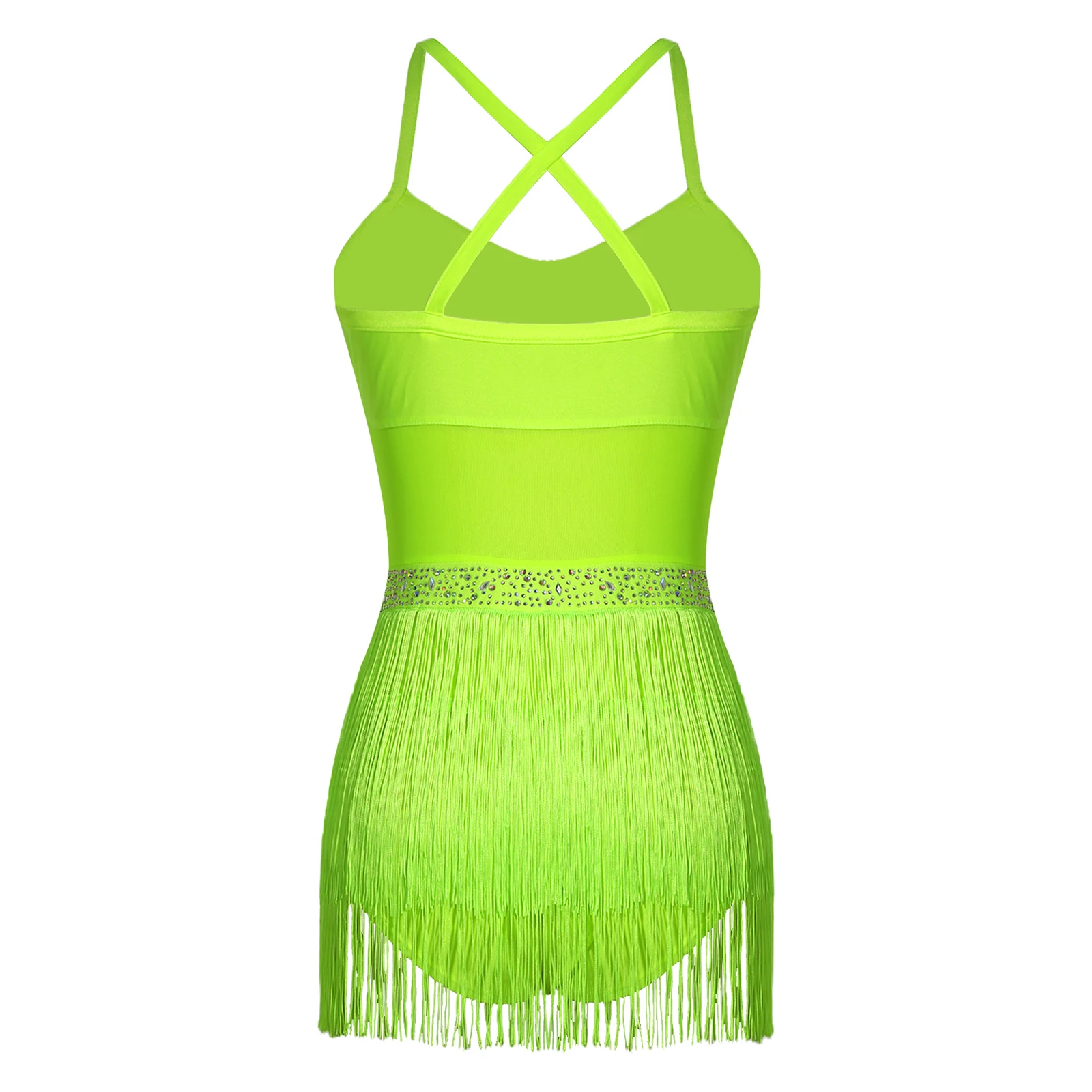 女性ラインストーンラテンタンゴダンスレオタードドレスシアーメッシュパッチワークタッセルフリンジチャチャサンバルンバラテンドレスダンスウェア