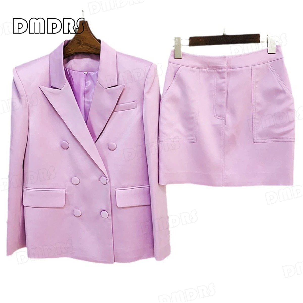 Conjunto de traje elegante de satén de 2 piezas para mujer, chaqueta con muescas largas y doble botonadura con minifalda, traje de colores personalizados de calle alta