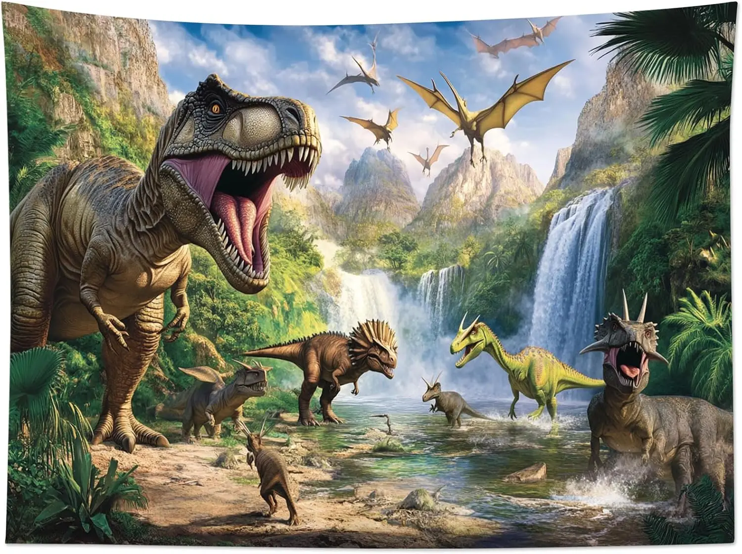 Dinosaur Forest Tapestry Waterfall Mountain Landscape Wall Art Wild Animal Decor for Teen Bedroom Living Room Party