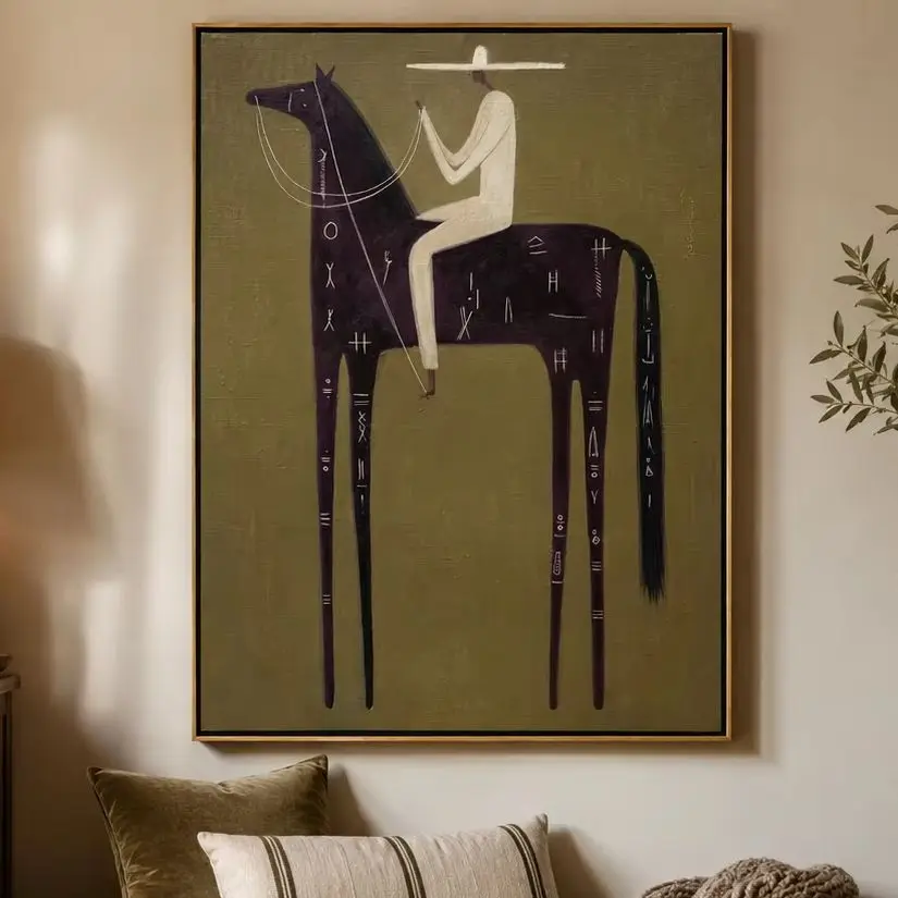 Le Cheval Glyph – Peinture vintage Americana d'un cavalier sur un cheval noir avec inscription |   I