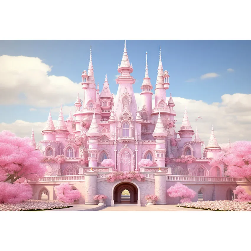 7X5FT Clouds Blue Sky Pink Castle Palace Entrance Candland Candy Playground Custom Photo Backdrop Background Vinyl 220cm X 150cm