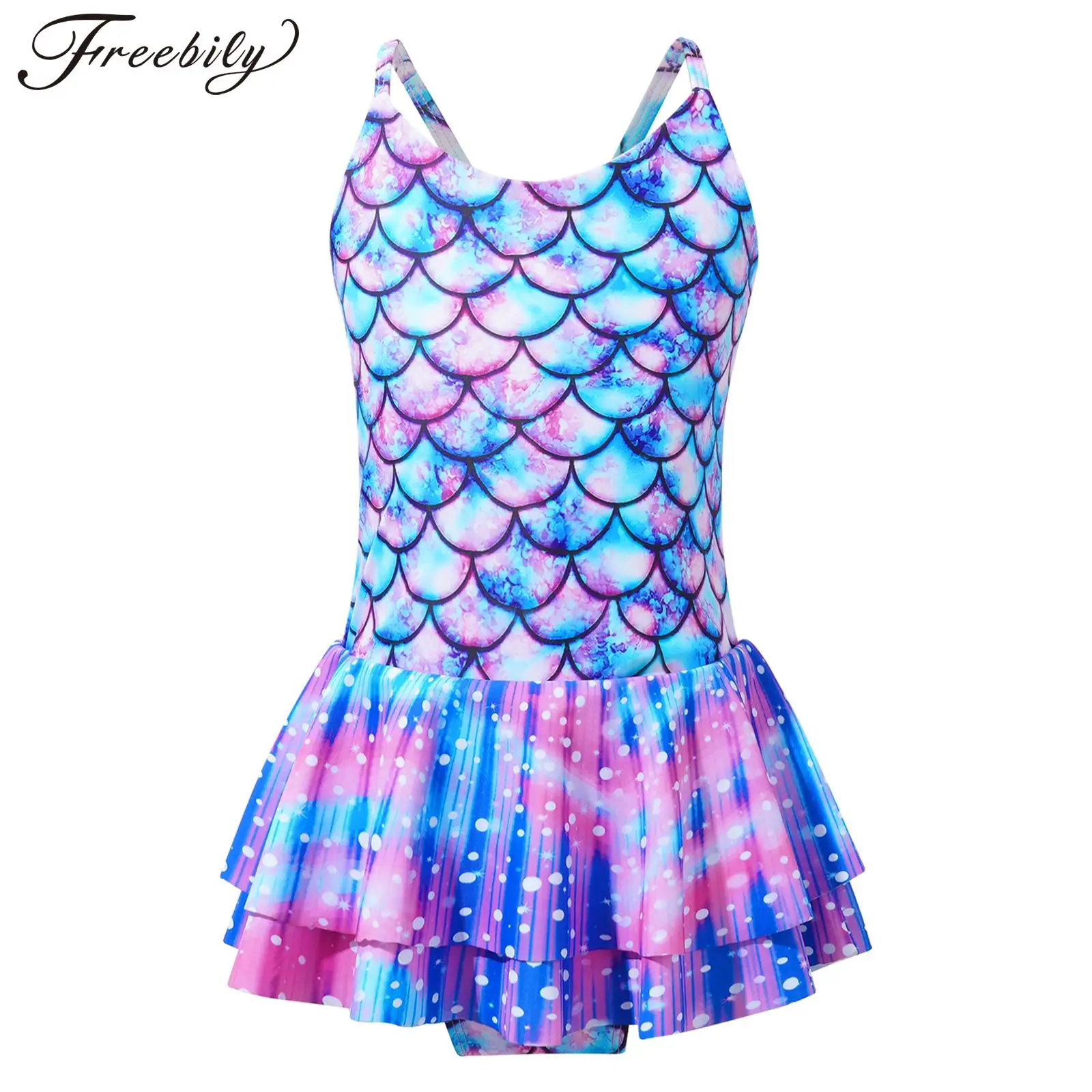 

Kids Girls One-piece Swimsuit Mermaid Fish Scales Print Leotard Ruffle Jumpsuit Surfing Bathing Suit Beachwear Swim Rash Guard