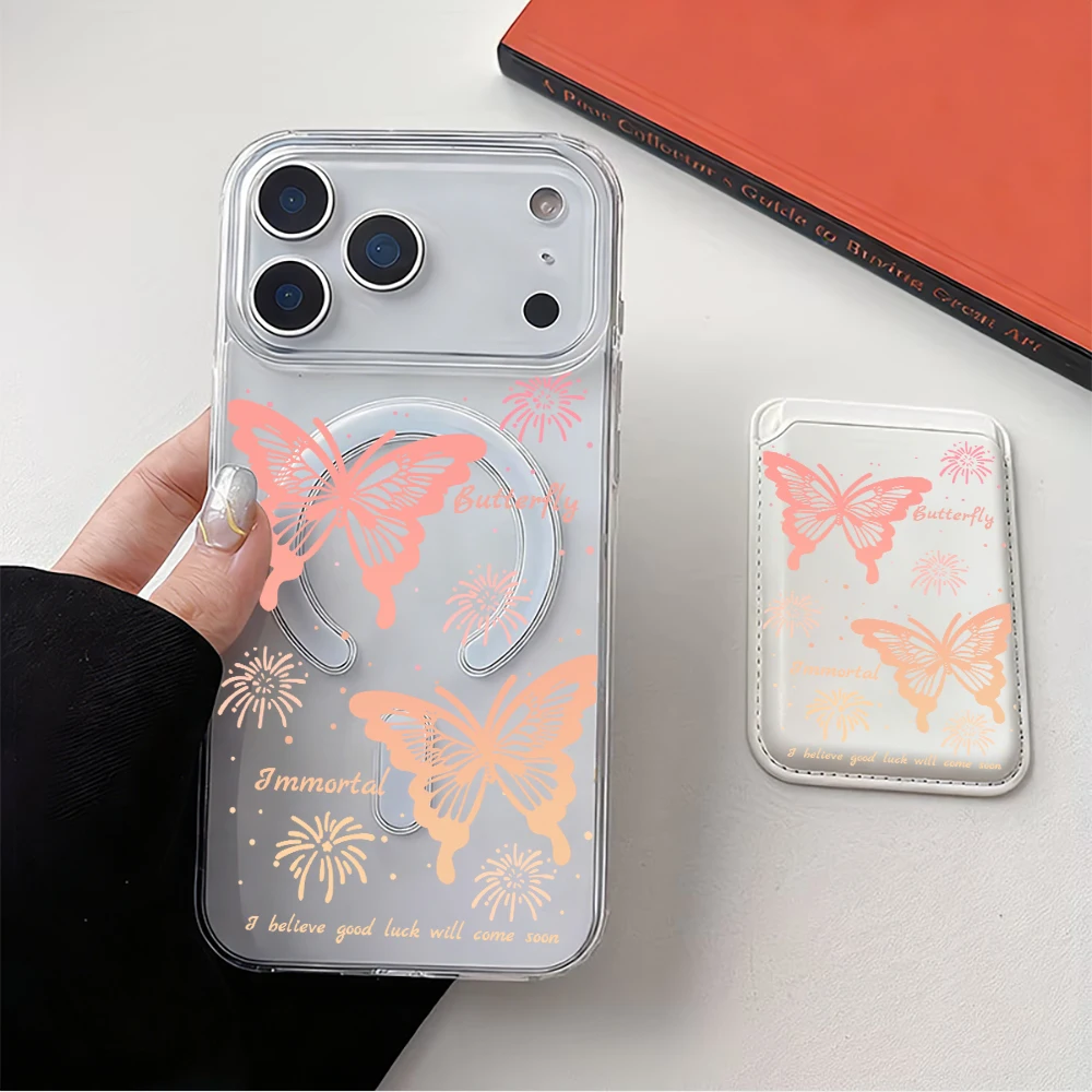 Colorful Butterfly Magnetic Card Wallet Holder For Magsafe Wireless Charge Phone Case For iPhone 17 16 15 14 13 12 Pro Max Cover