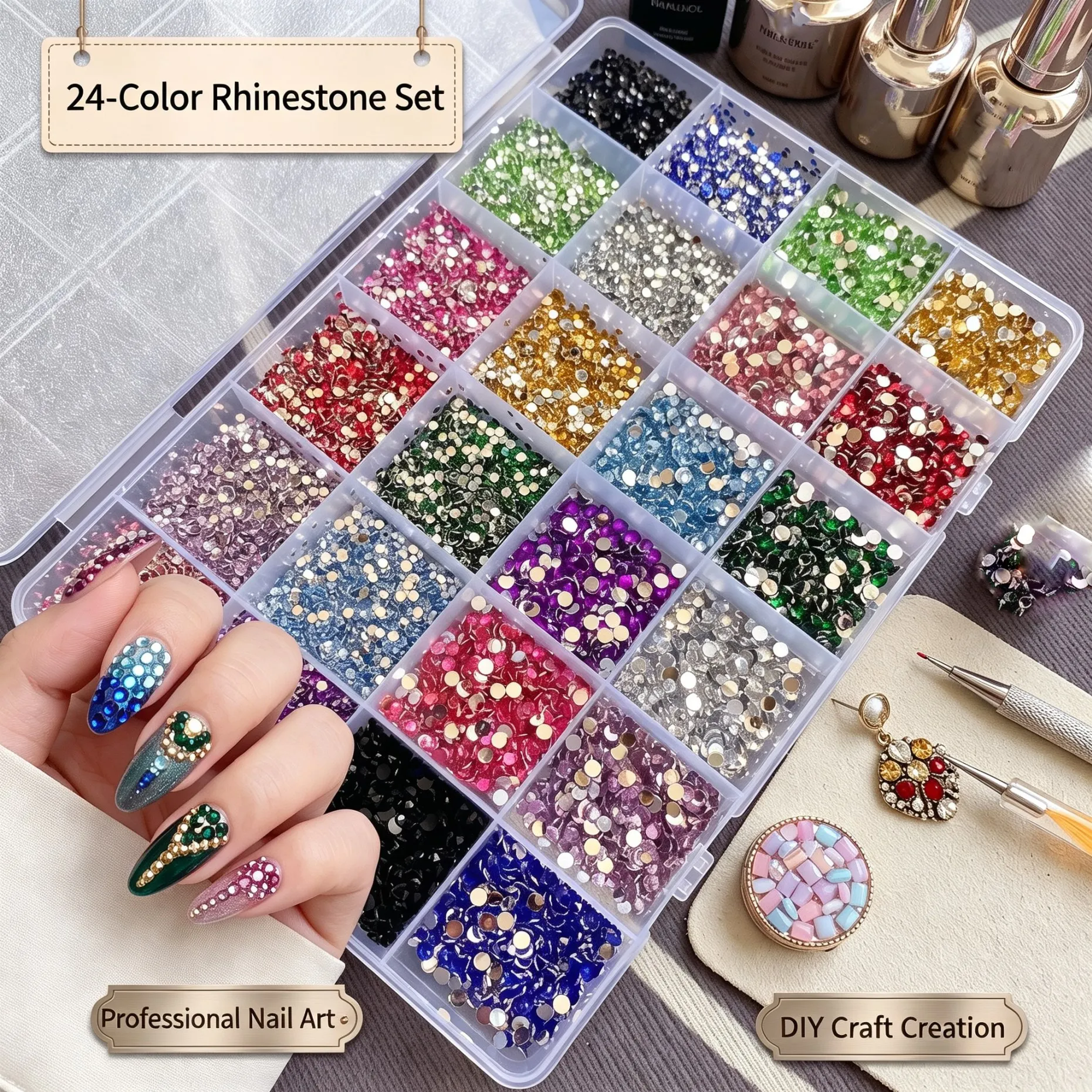 24grid/box Multicolor Resin Rhinestone Kit Round Shiny Nail Diamond Flat-Back Appro.9000pcs Sparkling Manicure Diamond