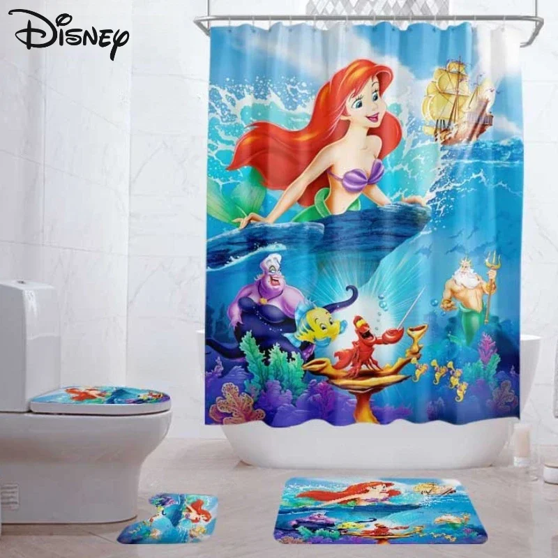 

4pcs/set Disney The Little Mermaid Shower Curtain Bath Drapes Mat Rugs Toilet Lid Cover Cute Ariel Princess Bathroom Decoration